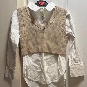 Zara White Shirt with Beige Knit Vest